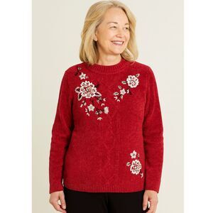 Alfred Dunner Petite PXL Red Chenille Embroidered Floral Holiday Sweater #C